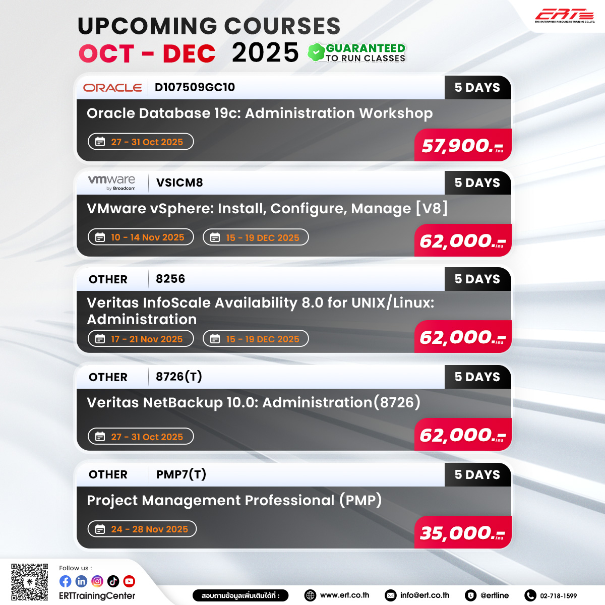 Guaranteed to Run Classes Schedule Oct - Dec 2025